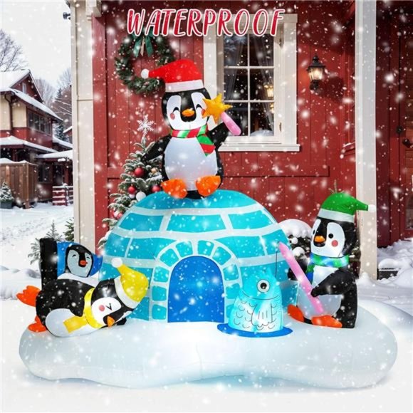 6.9ft Christmas Inflatables Igloo with 3 Penguins, Outdoor LED Light Up Penguin - Picture 2 of 6